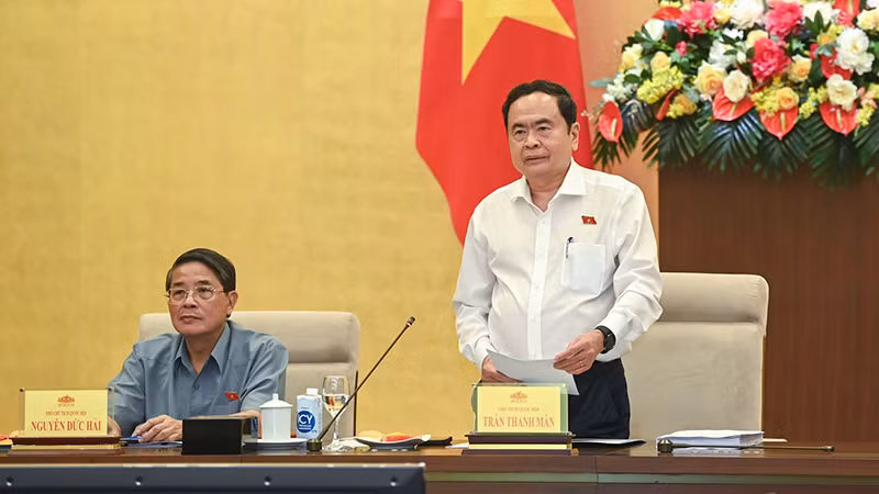 Председатель НС Чан Тхань Ман выступает на встрече. 