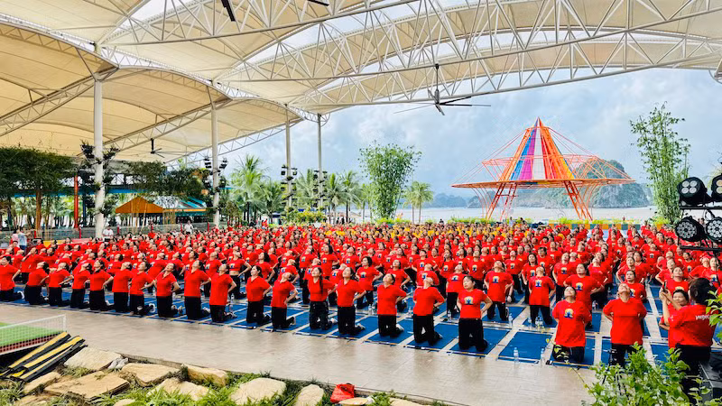 Практика йоги на праздновании 10-го Международного дня йоги в провинции Куангнинь.