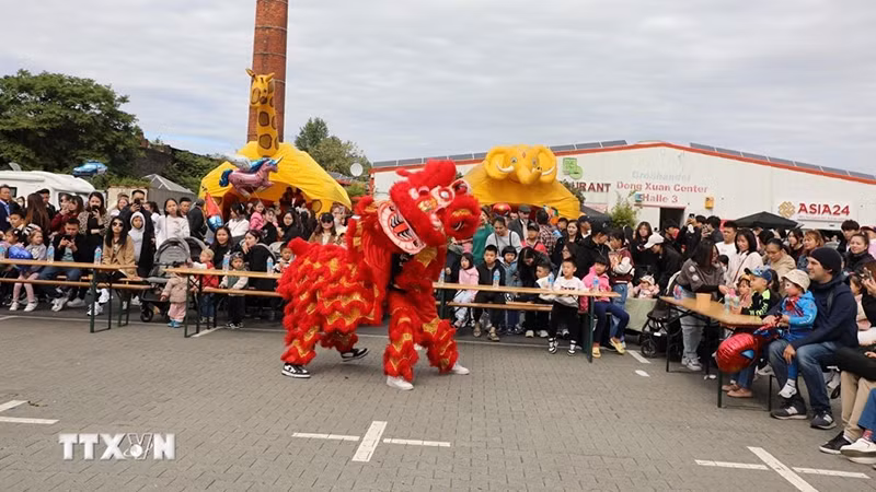 Дети с энтузиазмом наслаждаются танцем льва на программе встречи праздника середины осени в торговом центре «Донгсуан». Фото: ВИА
