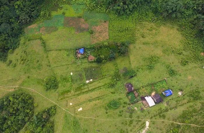 Глубоко внутри долины находятся временные домики на сваях у местных жителей, которые ухаживают за домашним скотом и охраняют продовольственные культуры на своих участках.