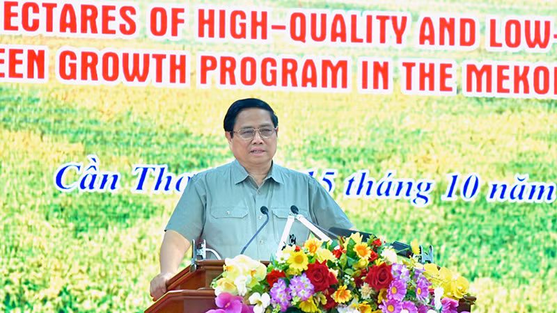 Премьер-министр Фам Минь Тьинь выступает на конференции. 