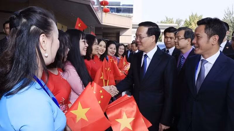 Представители вьетнамской диаспоры встречают Президента Вьетнама в аэропорту. Фото: ВИА