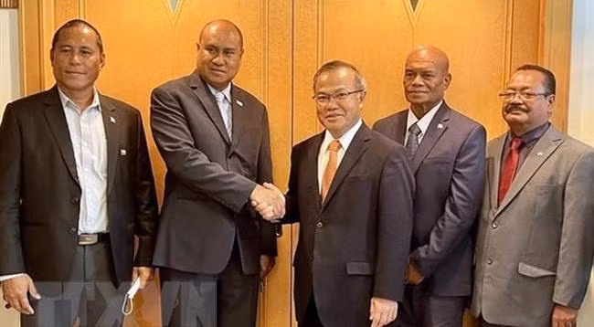 Посол Ву Хонг Нам (в центре) и палауские должностные лица. Фото: VNA