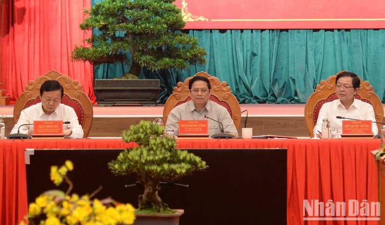 Премьер-министр Фам Минь Тьинь выступает на рабочей встрече.