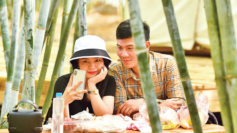 Туристы фотографируются посреди природного ландшафта бамбукового леса. Туристы фотографируются посреди природного ландшафта бамбукового леса.