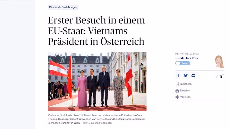 На сайте diepresse.com была опубликована статья, посвященная визиту Президента Во Ван Тхыонга. 